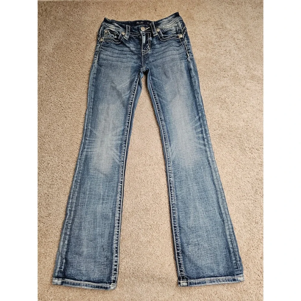 Miss Me Low Rise Bootcut Jeans Blue Embroidered Flap Pocket JP9119B2R Size 25